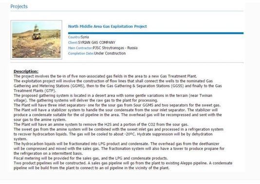 Capture d'écran du site de Hesco, le sous-traitant de Stroytransgaz, mentionnant son activité sur le champ de gaz de Twinan (page disparue).