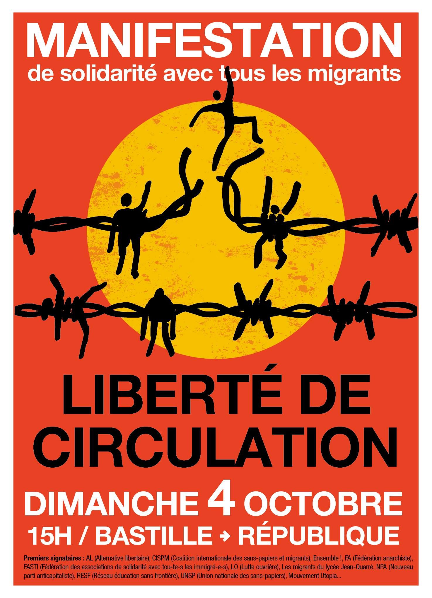 Paris : Manifestation de solidarité avec tous les migrants : Liberté de circulation !