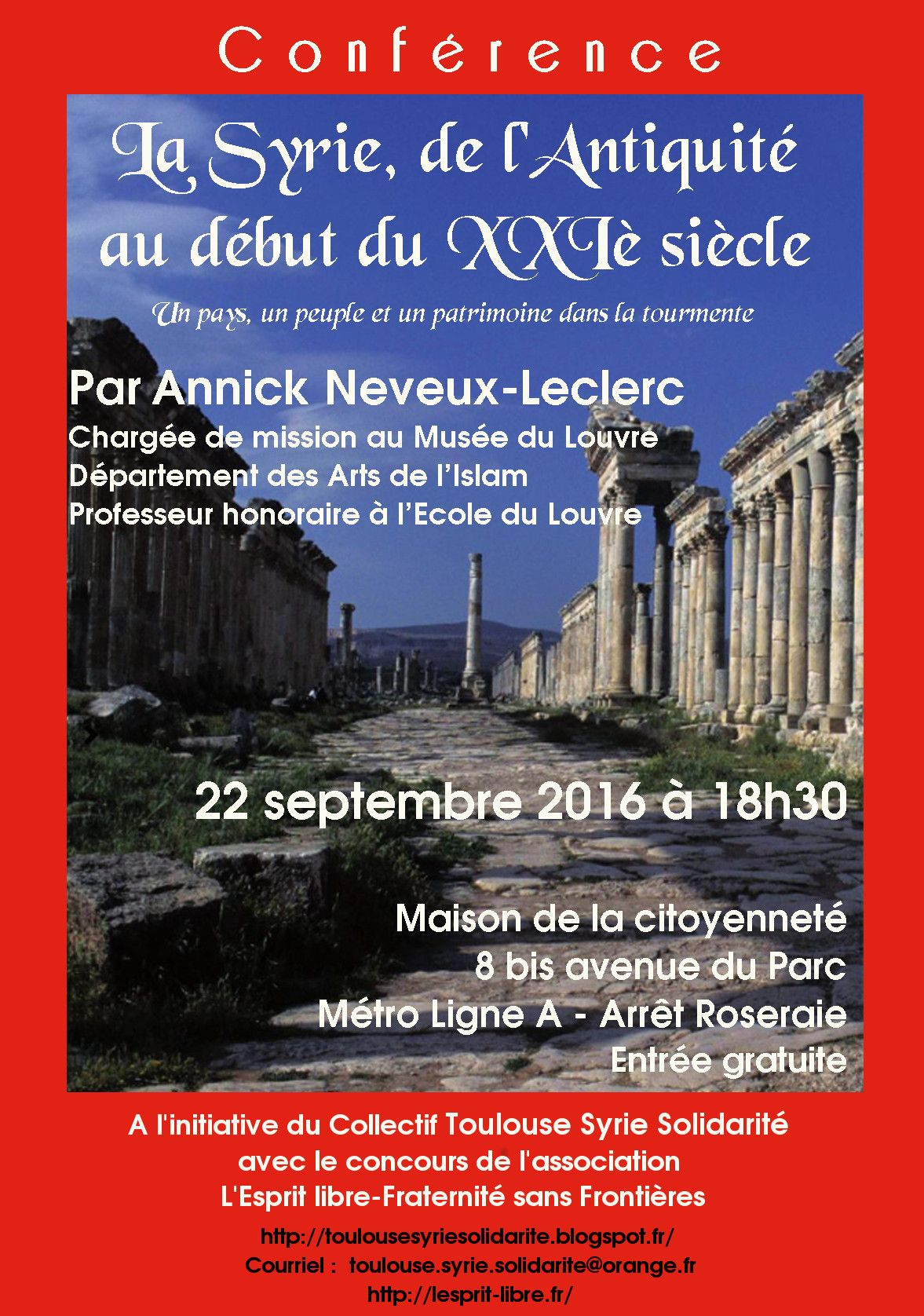 Toulouse : CONFÉRENCE D’ANNICK LECLERC « LA SYRIE, DE L’ANTIQUITÉ AU DÉBUT DU XXIÈME SIÈCLE »