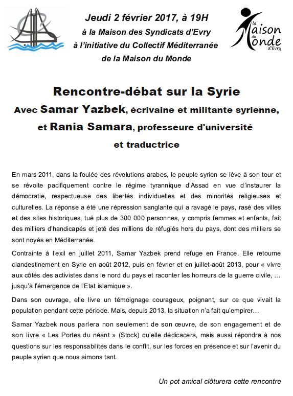 Evry : Rencontre débat sur la Syrie avec Samar Yazbek et Rania Samara