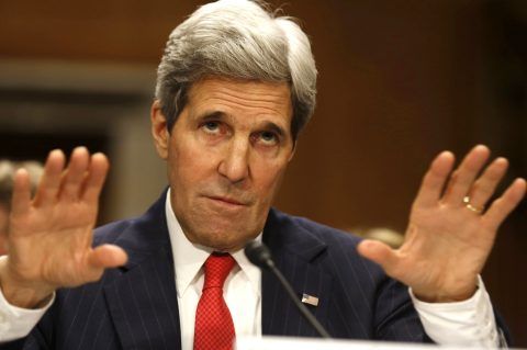 U.S. Secretary of State John Kerry testifies at the Senate Foreign Relations Committee while on Capitol Hill in Washington, April 8, 2014. Kerry squarely blamed Russian agents on Tuesday for separatist unrest in eastern Ukraine, saying Moscow could be trying to lay the groundwork for military action like in Crimea. REUTERS/Larry Downing (UNITED STATES - Tags: POLITICS)