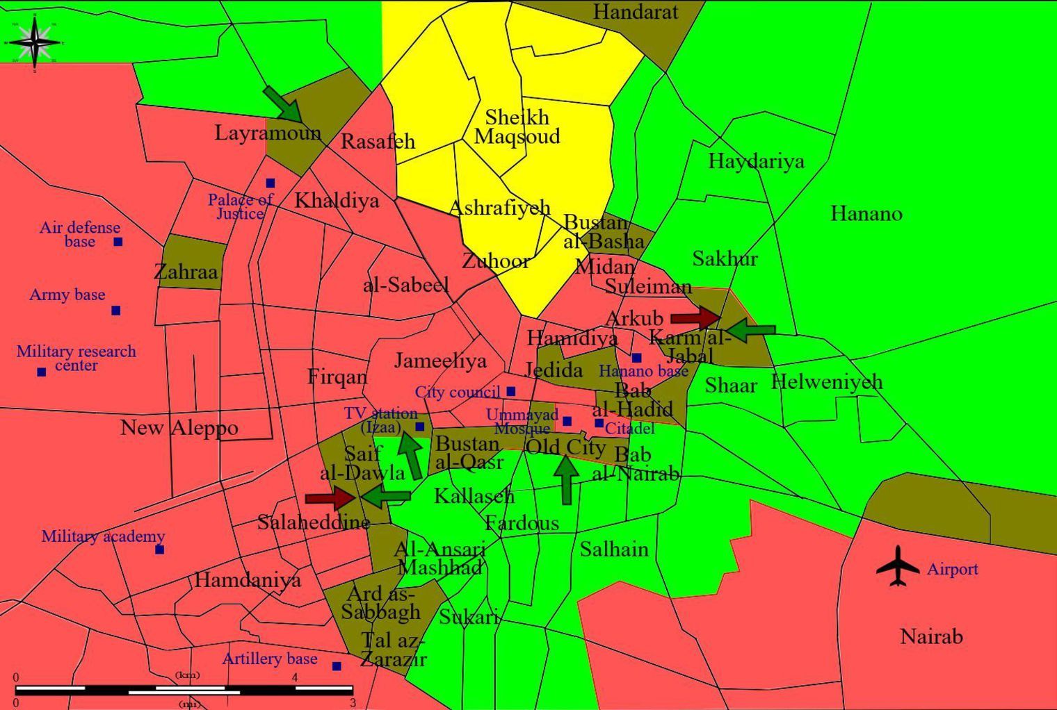 En rose, les forces du régime; en vert, celles de l'opposition; en vert foncé: lignes de démarcations et de combats; en jaune, les forces kurdes.