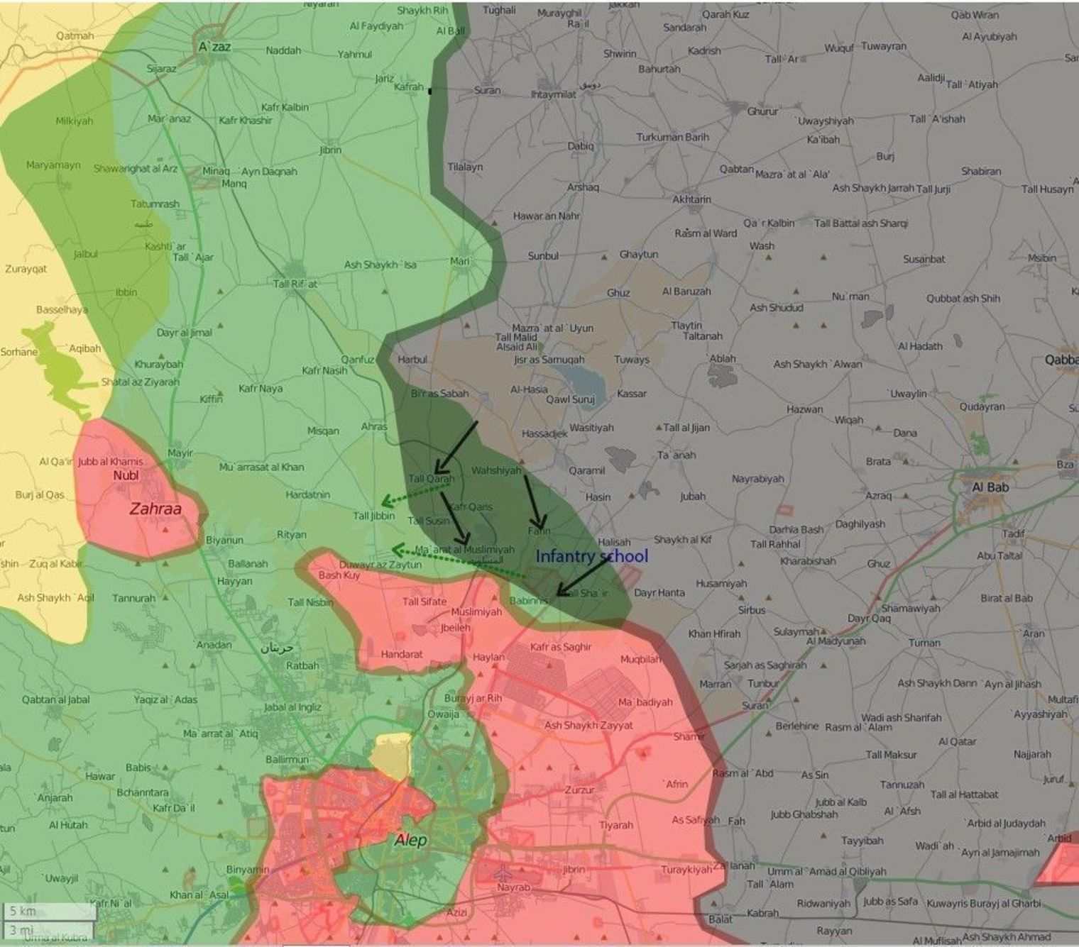 La région d'Alep avant l'offensive de 2016 (en vert, zones rebelles, en rose, celles du régime, en jaune, zone kurde, en vert foncé, lignes de démarcations et de combats, en gris, zones EI).